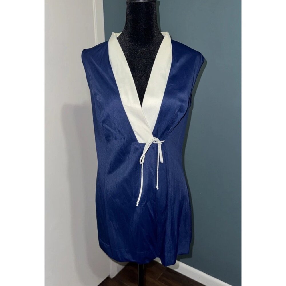 Vintage Vanity Fair 36 Short Robe Sleeveless Tie 1970’s Navy White
